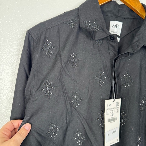 Zara Black Long Sleeve Relaxed Fit Beaded Button Down Top Size Large - Picture 3 of 6